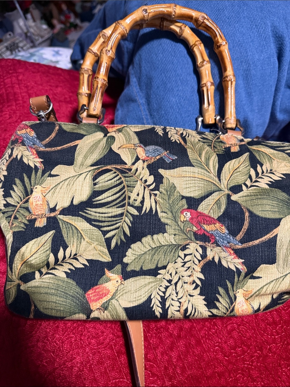 Relic - Tropical Print Bamboo Handle Shoulder Bag - Black & Green - Picture 3 of 9